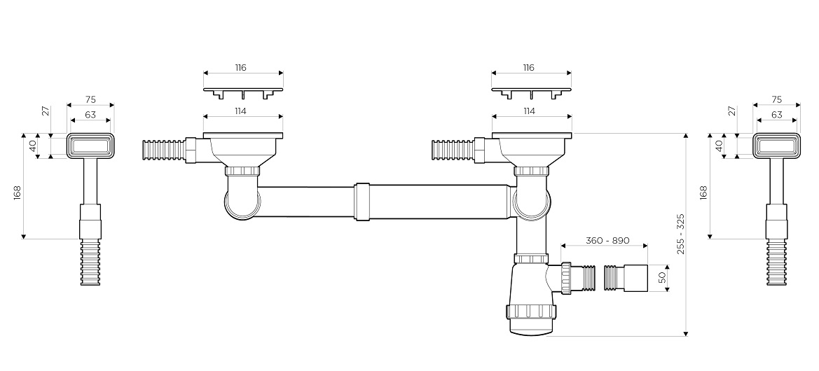 картинка Арматура для двухчашевых моек с прямоугольными переливами WK-2C 