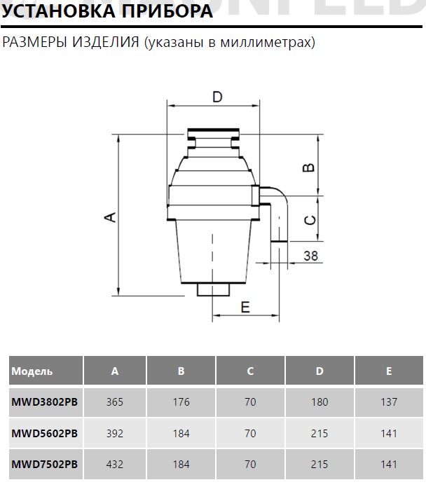картинка Измельчитель пищевых отходов с пневмокнопкой MAUNFELD MWD3802PB  картинка Измельчитель пищевых отходов с пневмокнопкой MAUNFELD MWD3802PB