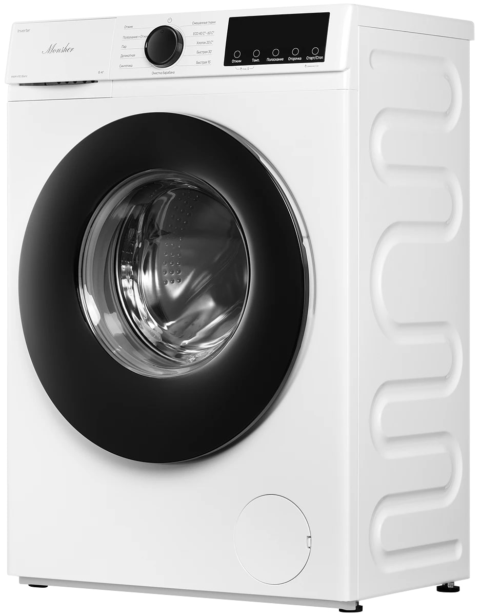 картинка Стиральная машина узкая с паром Monsher MWM 410 Blanc  картинка Стиральная машина узкая с паром Monsher MWM 410 Blanc
